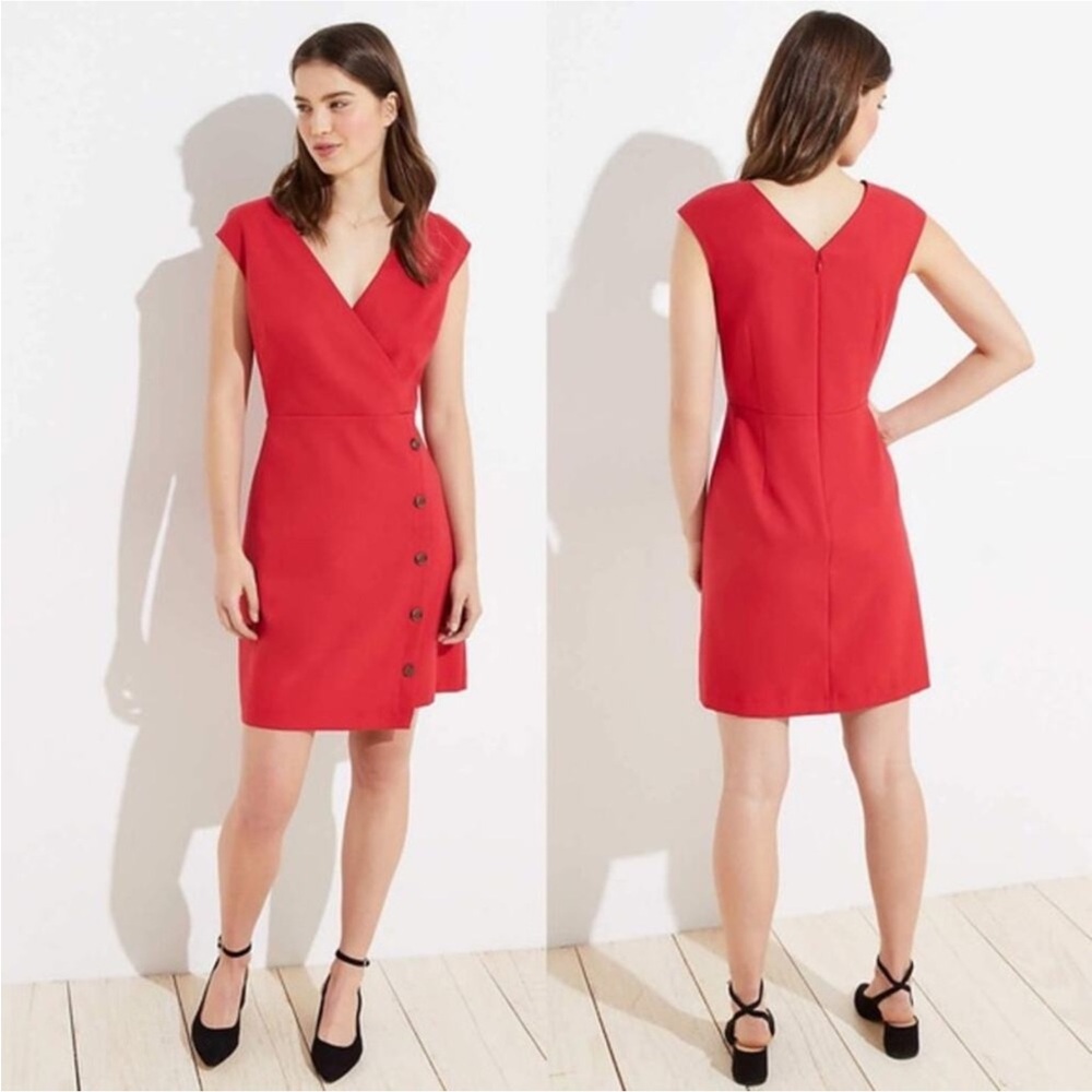 LOFT Side Button Wrap Maraschino Cherry Red Dress - Size 6